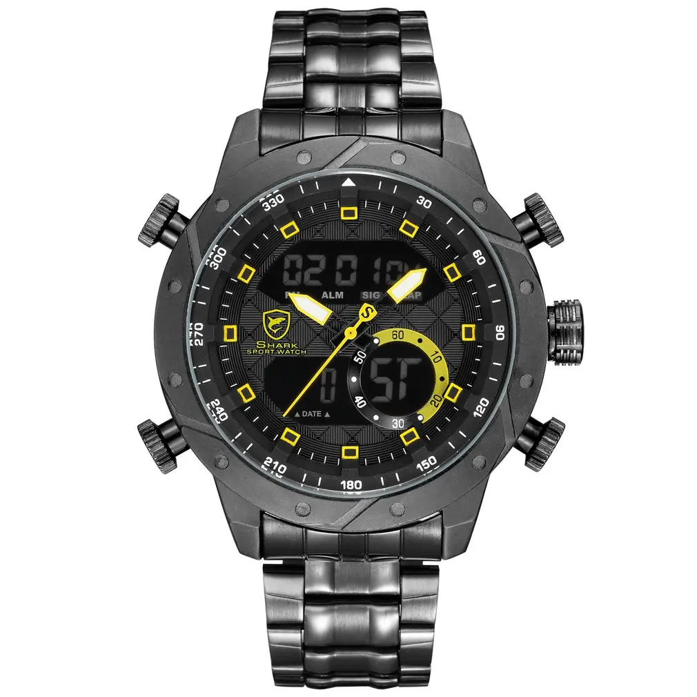 

SHARK Luxury Brand Men Military Sport Watch Men Quartz Hour Alarm LCD Analog Digital Watch Male Black Steel Strap Clock /SH591