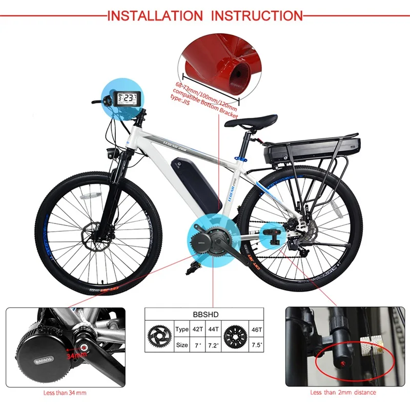 Excellent Bafang 48V 1000W E-bike 68-73 mm Motor Mid Drive E-Bike DIY Conversion Kits Powerful 42T 44T 46T 8FUN Engine Parts 8FUN BBS03B 1