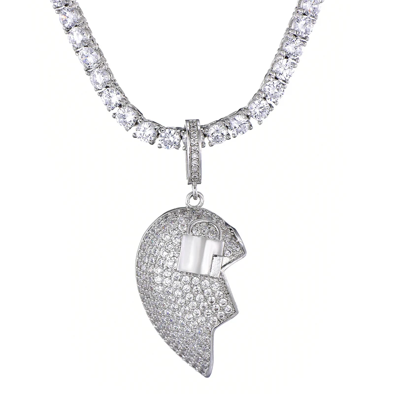 Хип-хоп Bling Iced Out с фианитами в микро-паве разделяемое разбитое сердце с ключом ожерелья и подвески для мужчин Rapper ювелирные изделия