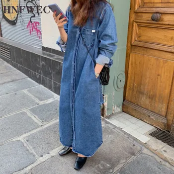 

2020 New Spring Solid Color Single Breasted Lapel Long Denim Dress Women Korea Loose all-match Simple Dress Tide V764