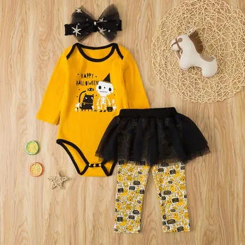

Autumn Fashion Toddler Kids Baby Girls Long Sleeve Cartoon Striped Halloween Romper +TuTu Skirt Pants+Hairband roupa infantil Z4