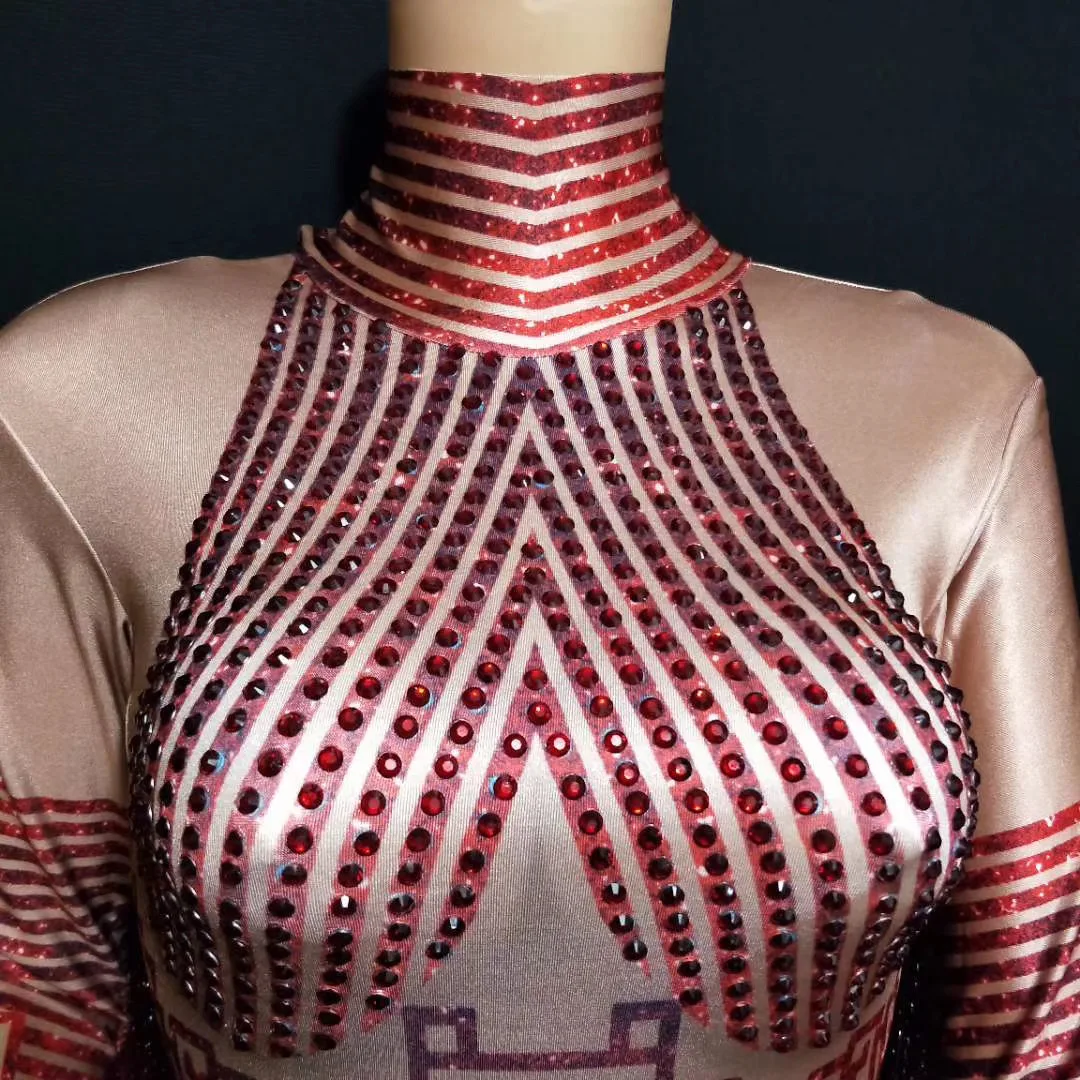 Shining Rhinestone Red Fringe Jumpsuits Women Long Sleeve Stretch Leotard Nightclub Singer Pole Dance Stage Wear Tassel Costume