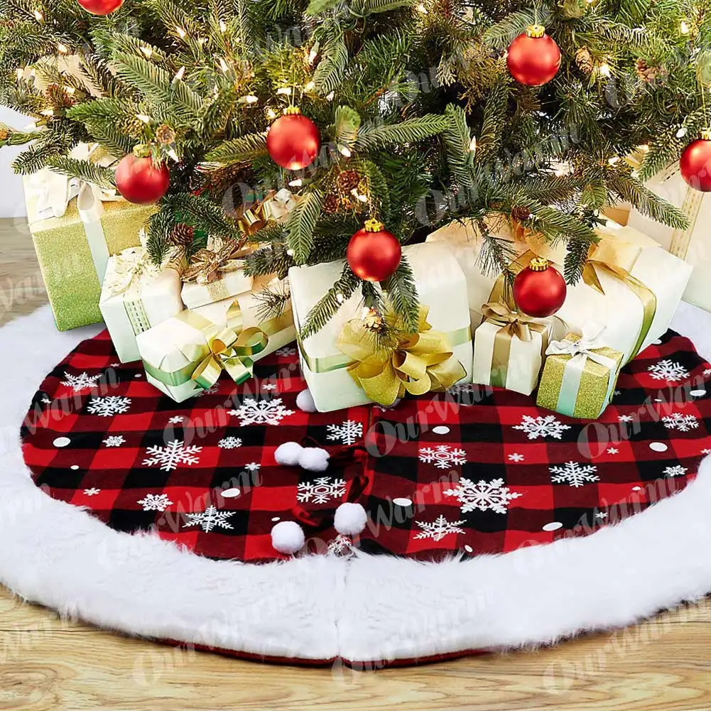 Теплая Рождественская юбка 122 см в клетку буйвола с белыми снежинками, круглая ковровая юбка из искусственного меха, украшение для рождественской вечеринки