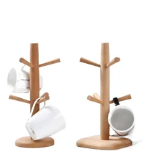 Wood Cup Holder Household Cup Drain Shelf Cup Holder Storage Rack Coffee Cup Shelf Hanging 6 Hook Cup Rack Storage Space Saving