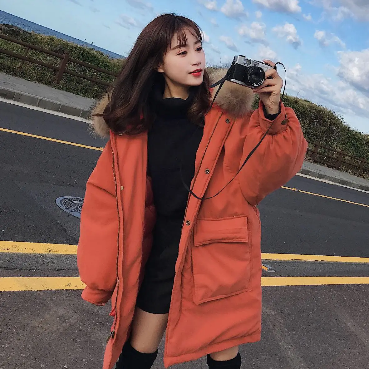 

Photo Shoot INS Korean-Style Brick Red Mid-length down Cotton Workwear Coat Women's CHIC Fashion Big Pocket Hooded Cotton-padded
