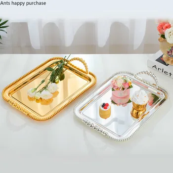 

European Metal Silver Rectangular Cake Tray Pearl Handle Dessert Plate Gold-plated Fruit Dessert Plate Wedding Display Tray