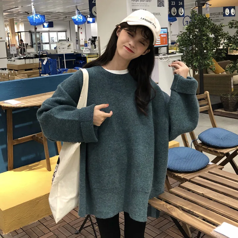 Зимняя одежда женский свитер корейский большой размер свободный однотонный пуловер Женский вязаный свитер Зимние Топы для женщин пальто