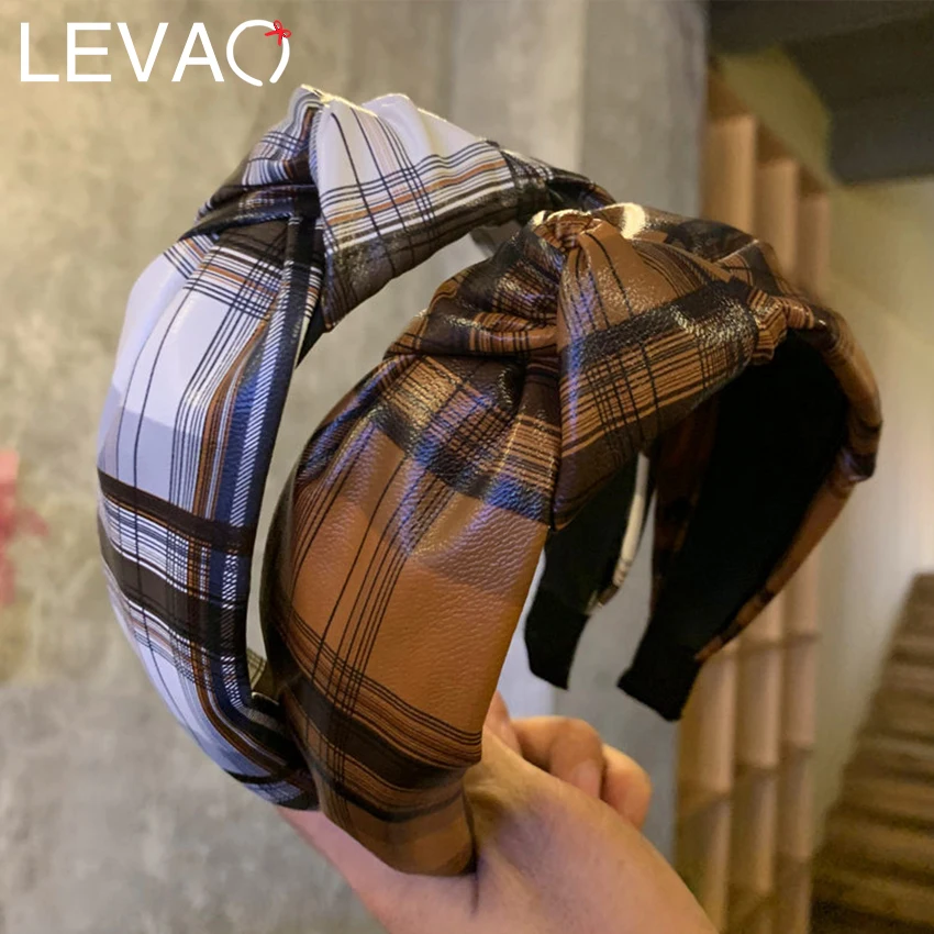 Levao искусственная кожа завязанная повязка на голову Женская Ретро клетчатая повязка для головы с принтом повязки для волос для девочек широкая головная повязка аксессуары для волос