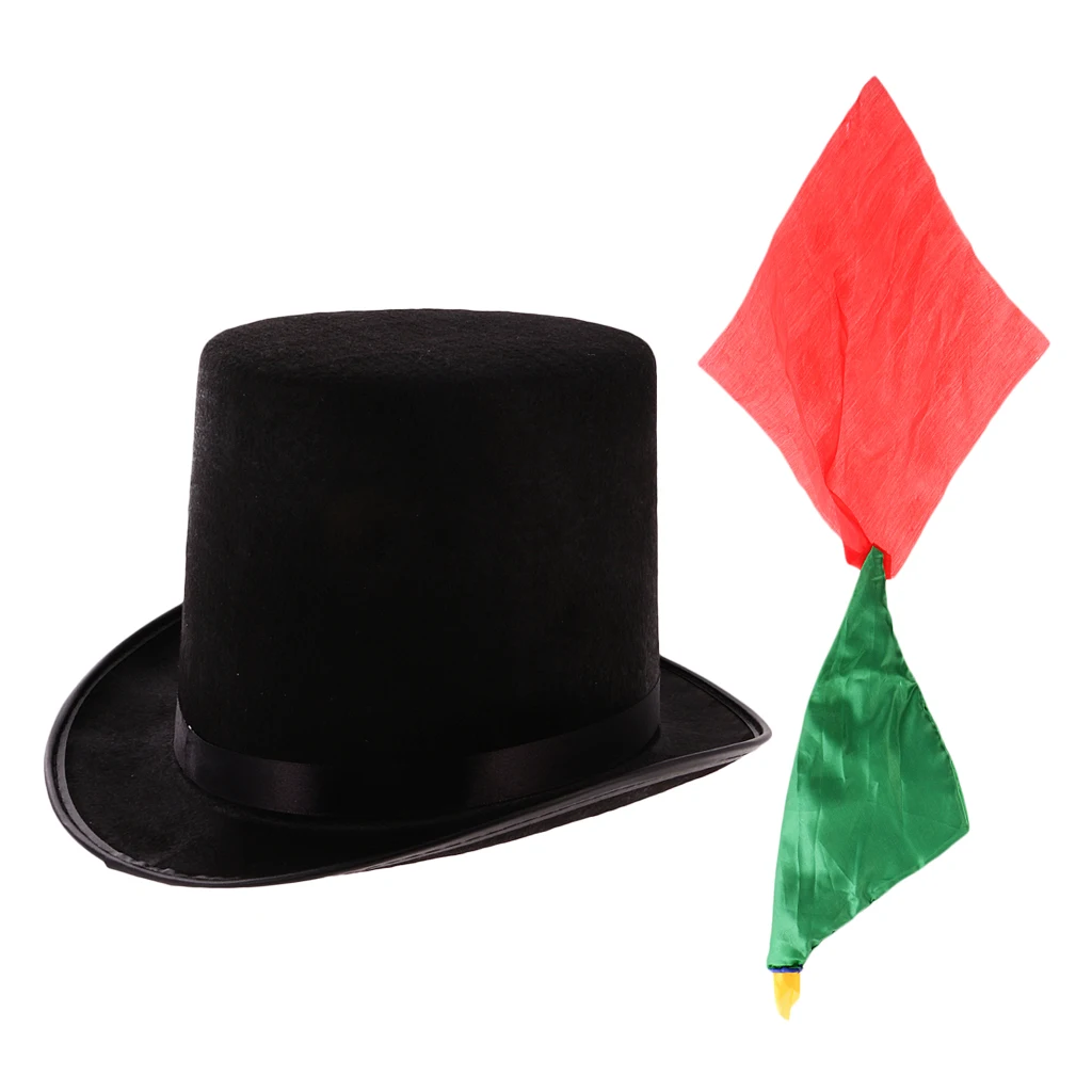 Magician Magic Trick Performing Prop Black Jazz Hat+Change Color Silk Scarf Close up High Top Hat Topper Derby Cylinder Hat