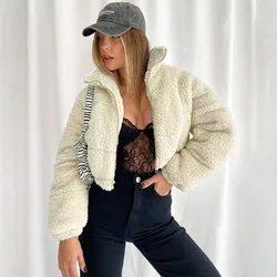 Inverno casaco de pelúcia quente casaco peludo casual cor pura inverno teddy outwear pele do falso zíper senhoras parka topos