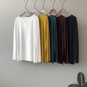 

Double round neck T-shirt for women's autumn 2020 new Korean version with simple and thin long sleeves in solid color