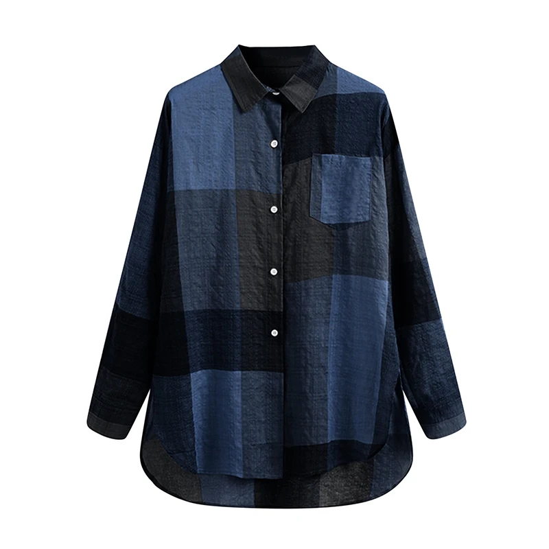 Women Plaid Blouse Loose Shirt Arc hem Long Sleeve Hipster Lady Shirts Turn-down Collar Casual Female Button Up Blouse Shirt 5XL 2