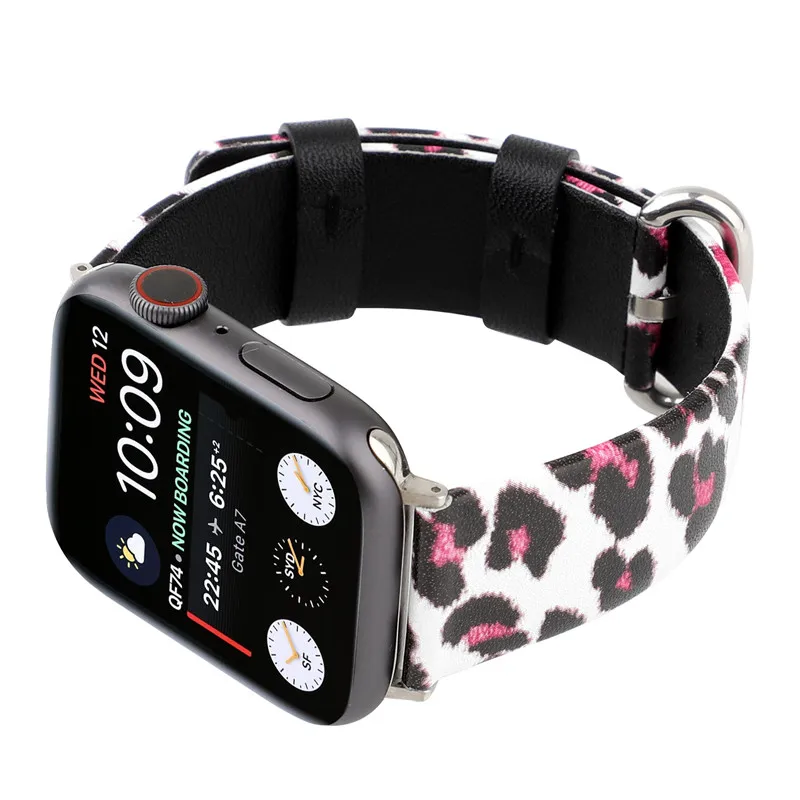 С леопардовым принтом сменный ремешок 44/40 мм для Apple Watch, версии 4 группа кожаный браслет с надписью для наручных часов iWatch серии 38/42 мм браслет ремень 3/2/1
