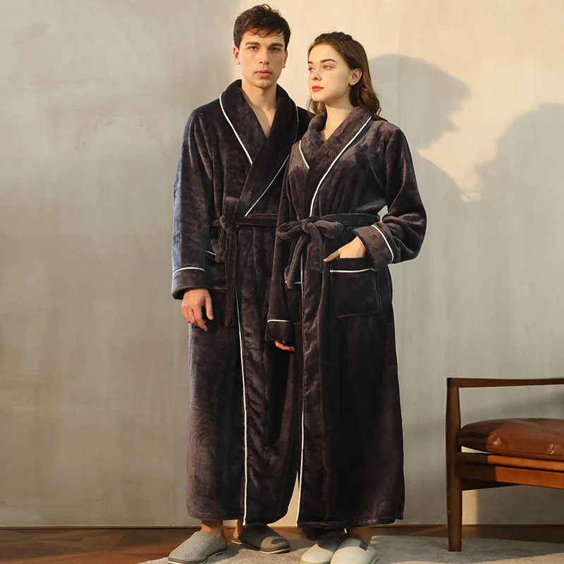 Grey Soft Coral Fleece Lovers Dress Men Womens Warm Super Long Bath Robe Mens Kimono Bathrobe Dressing Gown Robes Bathrobe 