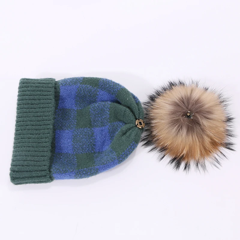 Зимняя шапка с помпоном Skullies Beanie, Классическая клетчатая шапка для мужчин и женщин, теплая вязаная Толстая шапка с меховым помпоном