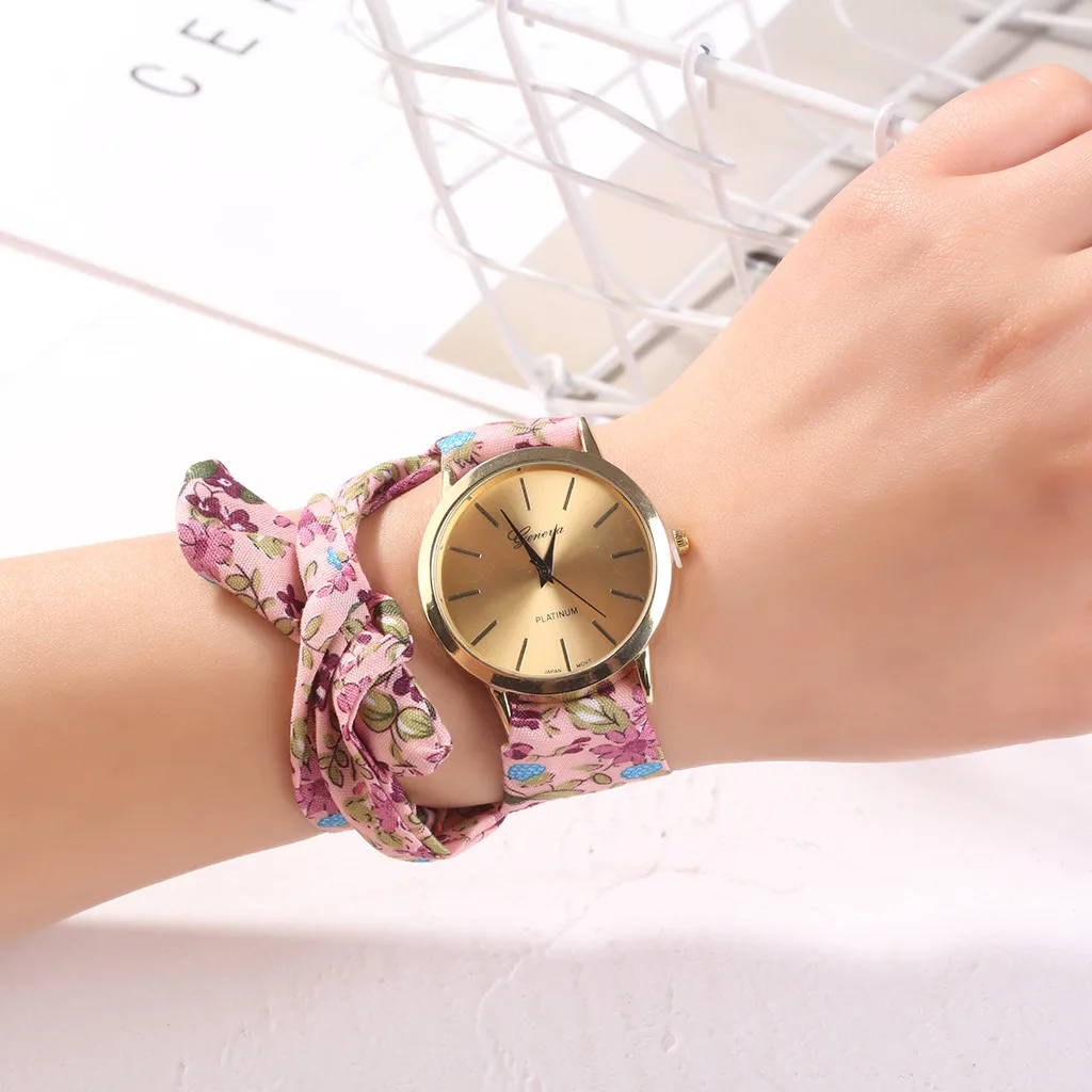 Часы наручные женские кварцевые с тканевым ремешком и цветами|Женские часы| |