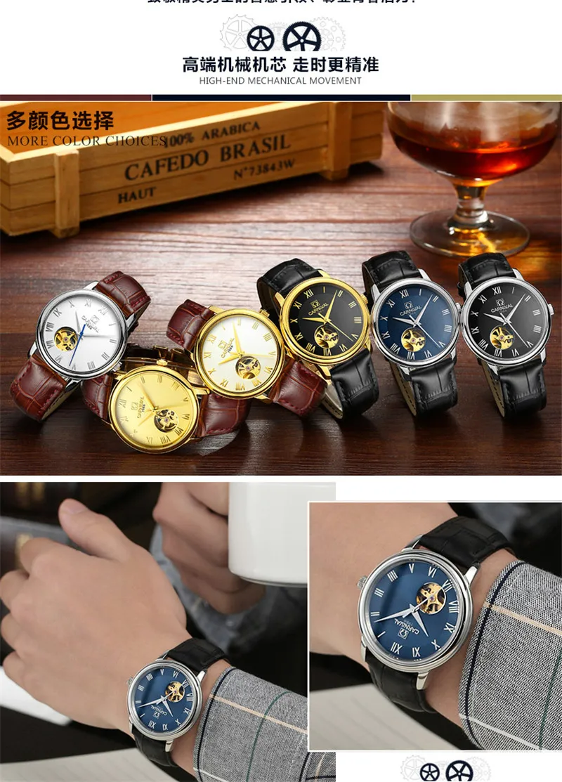 KARNEVAL myanner Mechanische Uhr GroE Dial luxusmarkengeschyaft mjanner Leder Uhren Uhr Armbanduhren Relogio Masculino Reloj