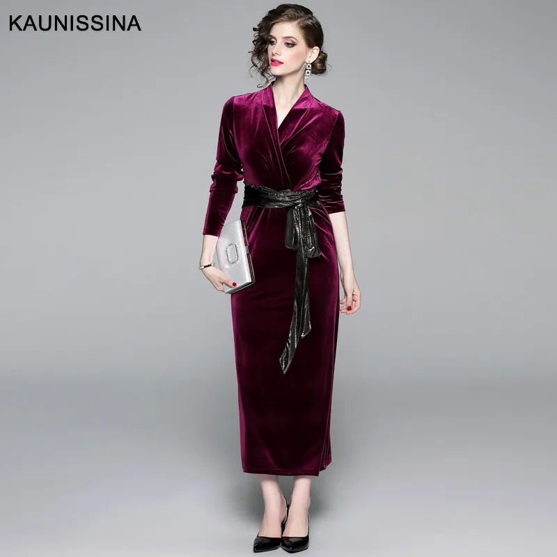 Purple Red KAUNISSINA винтажное коктейльное платье осень зима вечерние платье с длинным рукавом v-образным вырезом бархатные Формальные платья для выпускного вечера - Цвет: Purple Red