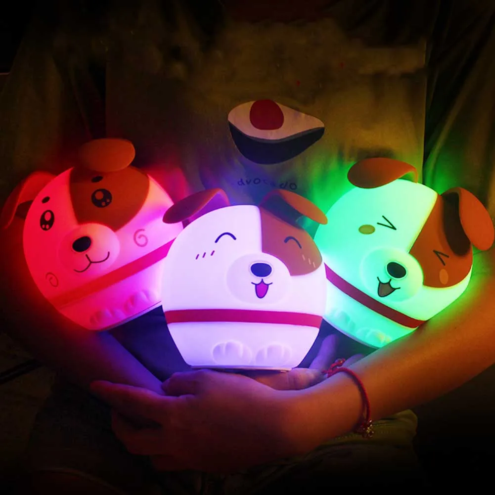 USB Rechargeable Soft Washable Cute Bedside Home Gift Night Light Dog Shape Carton Decorative Colorful LED Patting Silicone