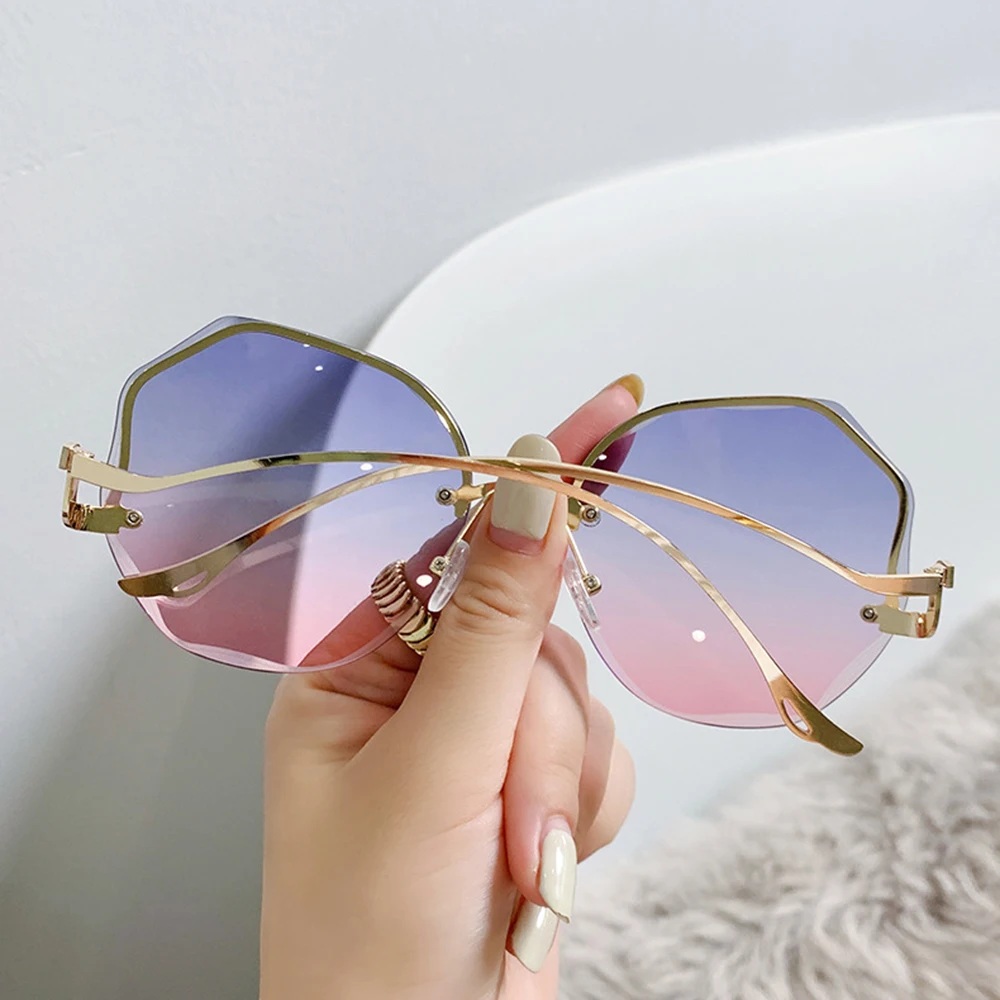 Designer Sunglasses Women Fashion Gradient Glasses Cut Trimmed Lens Metal  Curved Temples Sun Glasses Female Frameless - AliExpress