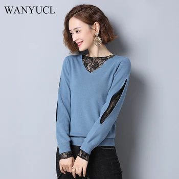 

WANYUCL lace stitching top women's long-sleeved 2020 autumn new style Korean loose liner black sequin sweater women