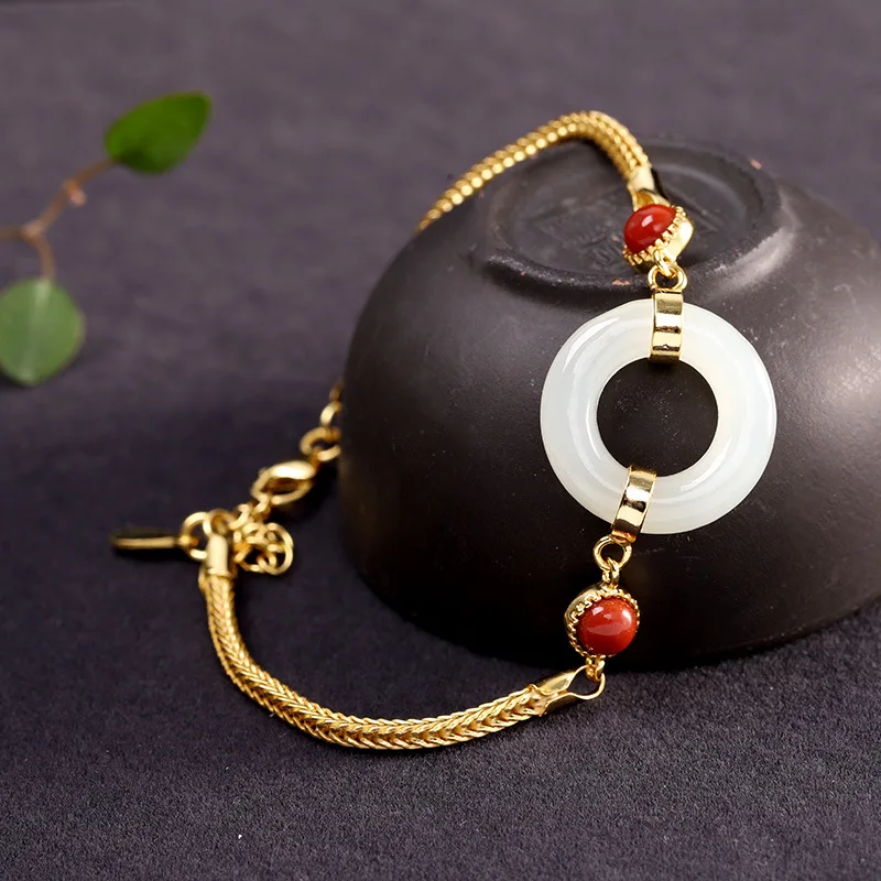 

S925 Sterling Silver Gold-Plated Ornament Fashion Simple Women's Hetian Jade Bracelet