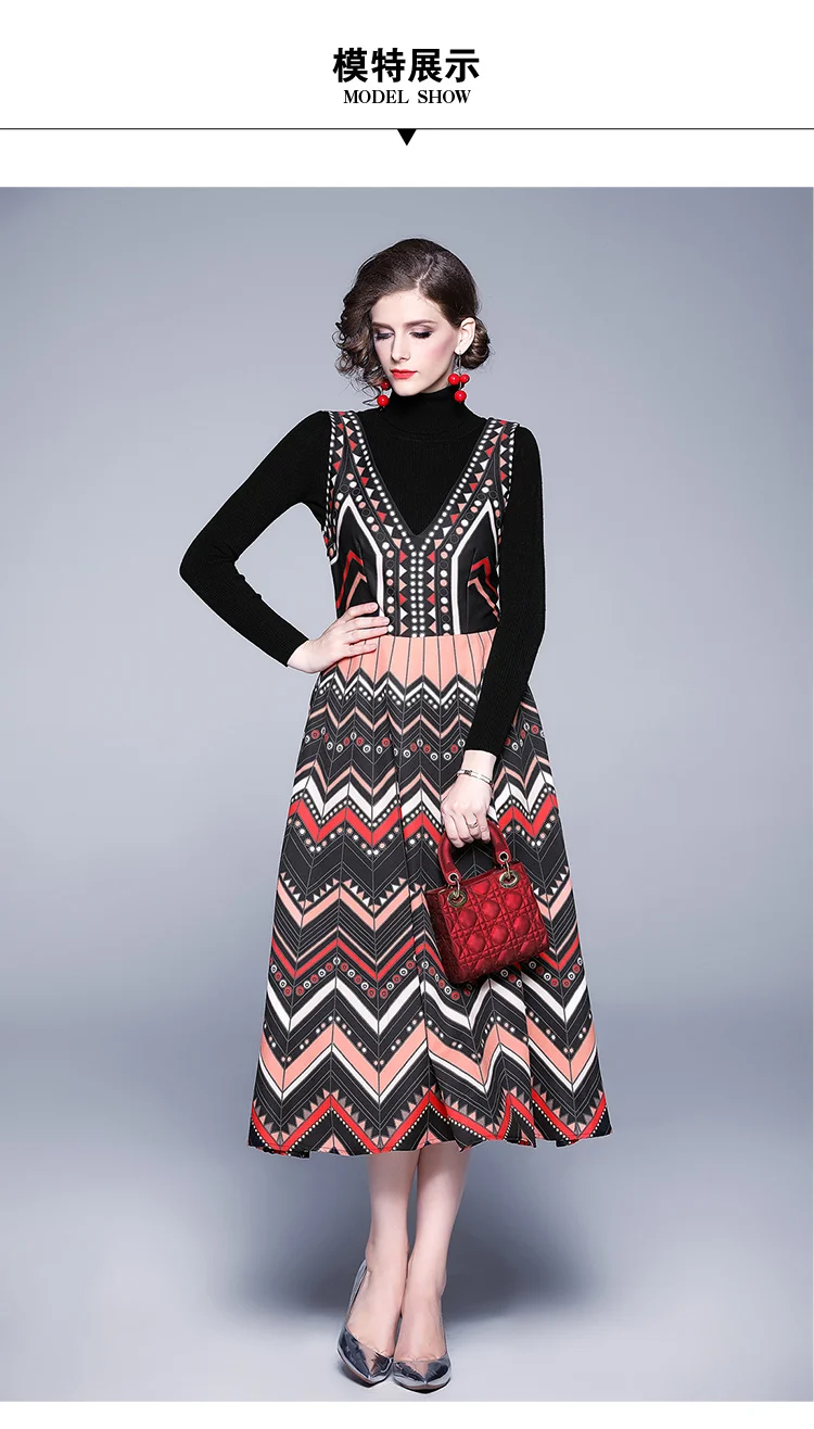 Вязаный черный свитер с высоким воротом и v-образным вырезом, платье миди с геометрическим принтом, осенне-зимний женский комплект из 2 предметов, платье-комбинезон