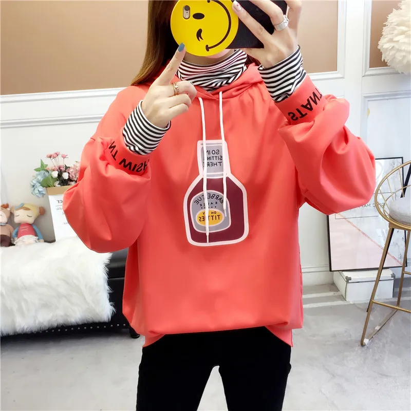 

Spring Fall Long Sleeve Pullover Sweatshirt Print Bottle Pattern Patchwork Striped Turtleneck Hoodies Fashion Leisure Tops C384