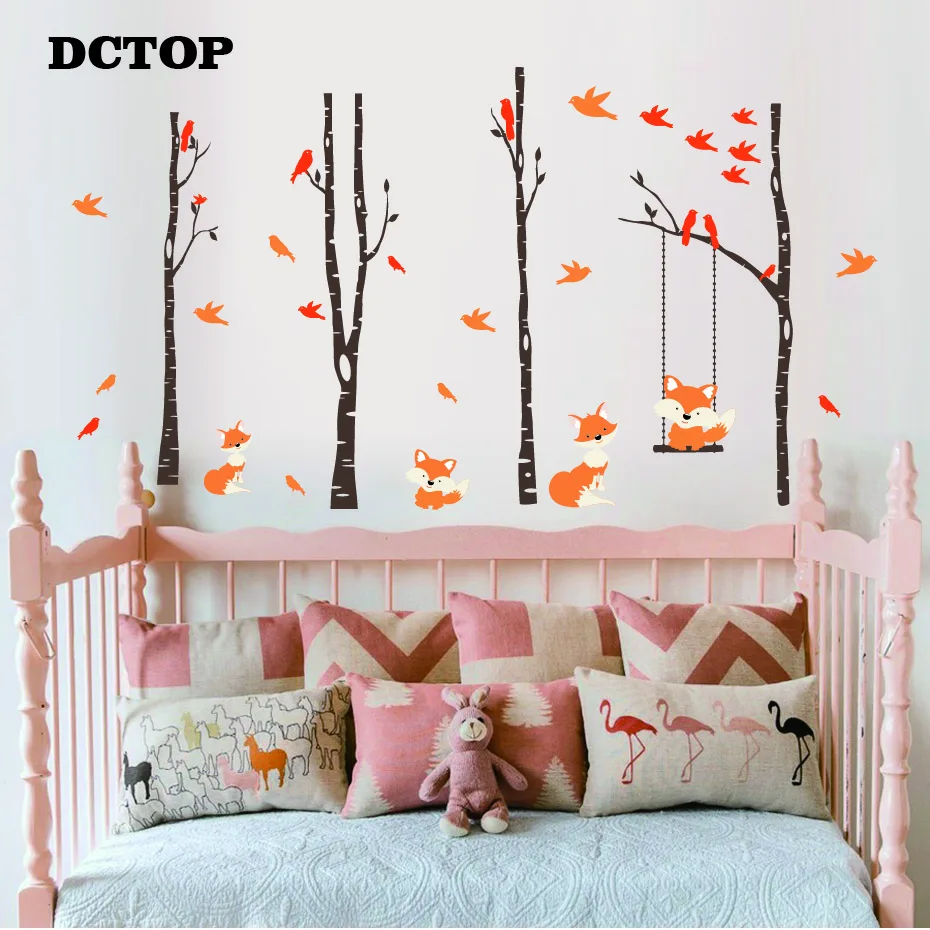 Lovely Fox Swinging Trees Birch Nursery Wall Stickers Birds DIY Vinyls Decals Home Decor Children kids Bedroom Door Art Mural (2)