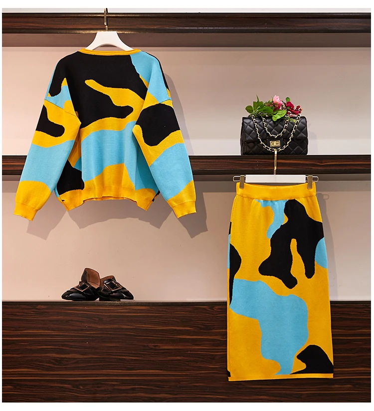 HAMALIEL взлетно-посадочной Для женщин трикотажный комплект из двух предметов модные осень-зима популярной расцветки Свободный свитшот с принтом пуловеры+ Bodycon Юбки-карандаши костюм
