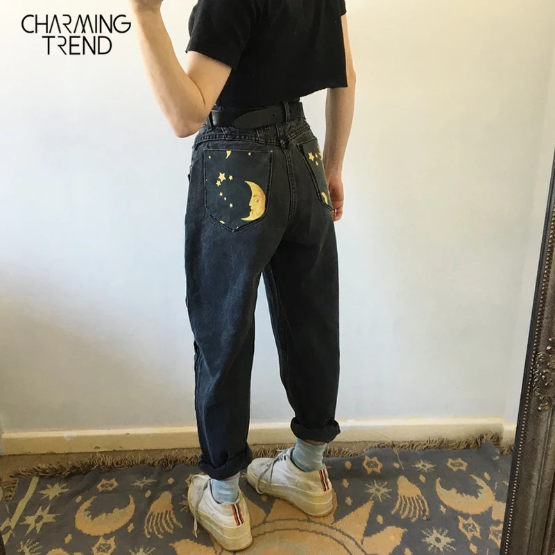 Fashion Sun Bintang Dicetak Celana Jeans Wanita Hitam Musim Gugur Pinggang  Tinggi Gadis Muda Chic Denim Wanita Keren Pacar Jeans|Celana Jeans| -  AliExpress