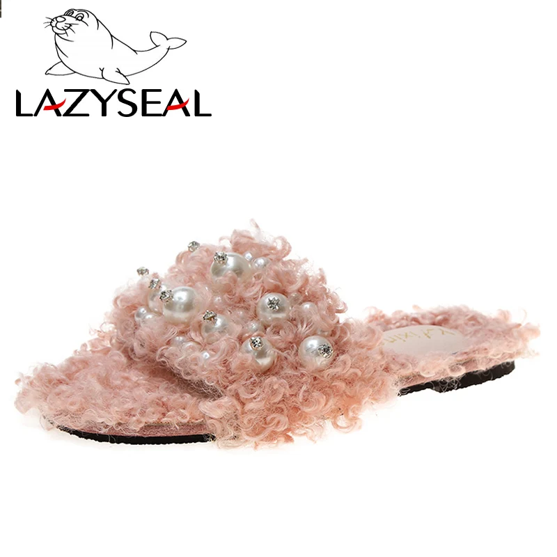 LazySeal/домашние тапочки с жемчугом; женская обувь года; женские модные шлепанцы; Роскошная обувь; женские шлепанцы - Цвет: Pink