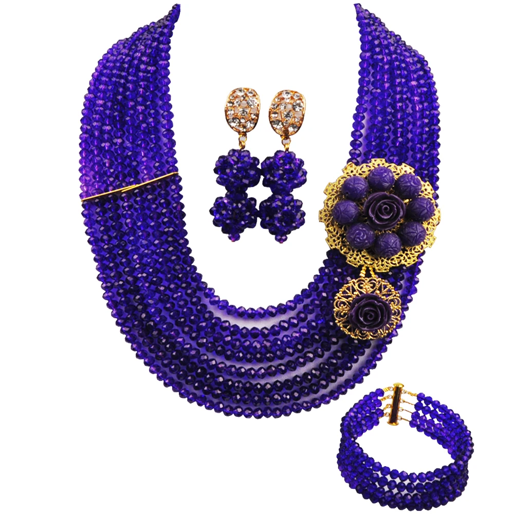 

Purple Crystal Strand Necklace with Flower African Beads Jewelry Set for Women Costume Jewelry Set