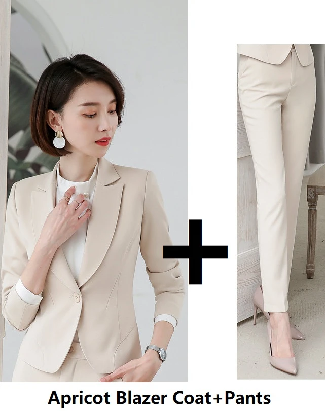 Apricot Модные Зеленые дамские офисные костюмы для работы, формальные униформы, дизайнерские брючные костюмы с брюками и пиджаками, пальто, профессиональные блейзеры - Цвет: Apricot