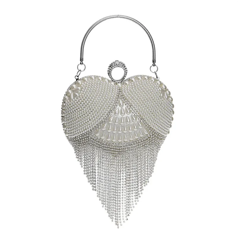 Sexy Lady Heart Tassel Rhinestones Women Evening Bags Pearl Handle Finger Ring Diamonds Small Clutches Party Nightclub Purse