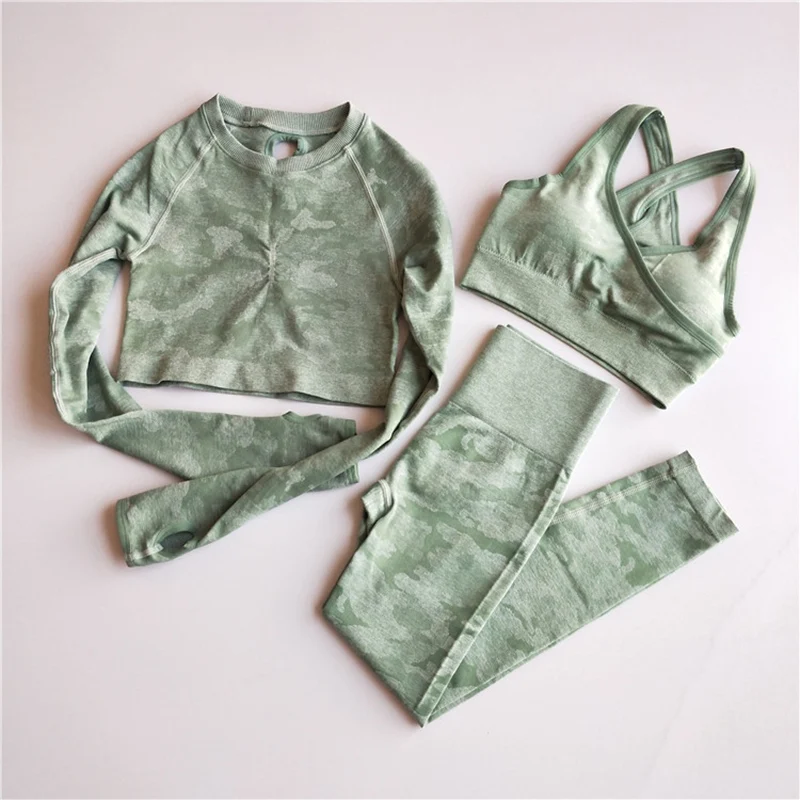 green set Камуфляжный бесшовный комплект для йоги, спортивная одежда для женщин, одежда для тренажерного зала, укороченный топ с длинным рукавом+ Леггинсы для йоги+ спортивный бюстгальтер, спортивный костюм из 3 предметов - Цвет: green set