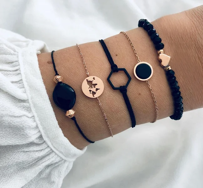 5 шт./компл. Винтаж Браслеты Для женщин Изысканная камень карту в форме сердца из бисера с геометрическим рисунком золотой браслет-цепочка комплект в богемном стиле пляжная ювелирные изделия