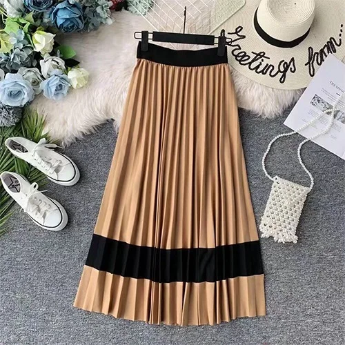 Khaki 6 цветов красивые лоскутные женские плиссированные юбки мода осень зима Корейская Высокая талия длинная Макси юбка женская черная желтая - Цвет: Khaki