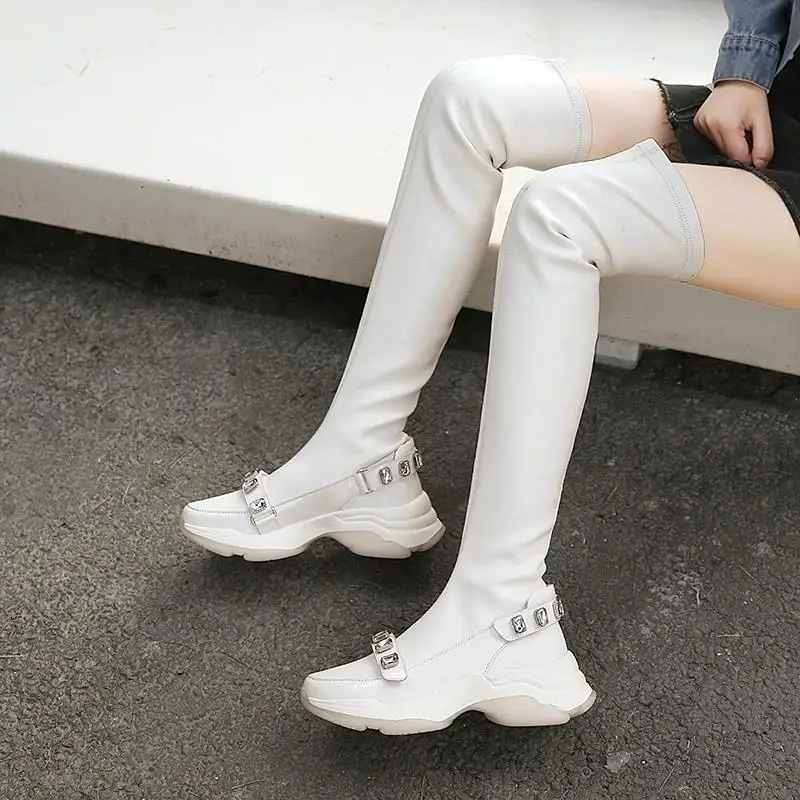 ALLBITEFO/мягкая натуральная кожа из эластичного материала в форме буквы У Женские ботинки на Плоском Каблуке; Сапоги выше колена; Новинка осень-зима ботинки высокого качества
