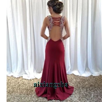 

Elegant Mermaid Burgundy Prom Evening Dresses Beads Robe De Soiree Saudi Arabric Formal Festival Party Celebrity Plus Size