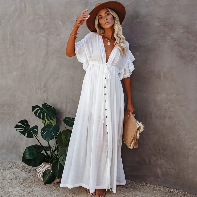 bikini cover up skirt White Sexy Bikini Cover-ups Elastic Waist Long Casual Summer Tunic Beach Dress Women Plus Size Beach Wear Swim Suit Cover Up bikini cover up skirt wrap Cover-Ups