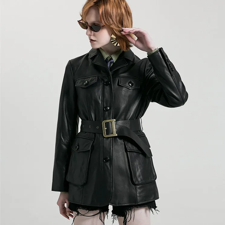 Высококачественная Роскошная Брендовая женская куртка из натуральной кожи женская куртка из натуральной овчины осенне-зимняя верхняя одежда женская одежда - Цвет: Черный