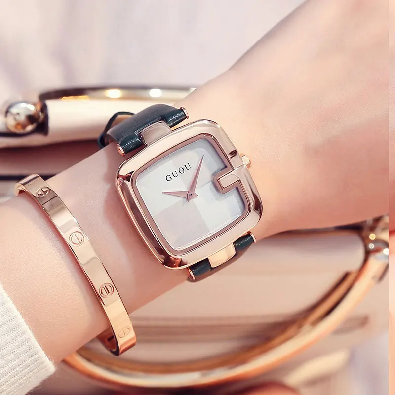 GUOU Лидирующий бренд Для женщин часы квадратной формы модные женские часы Роскошные женские наручные для Для женщин натуральная кожа часы с ремешками Saati