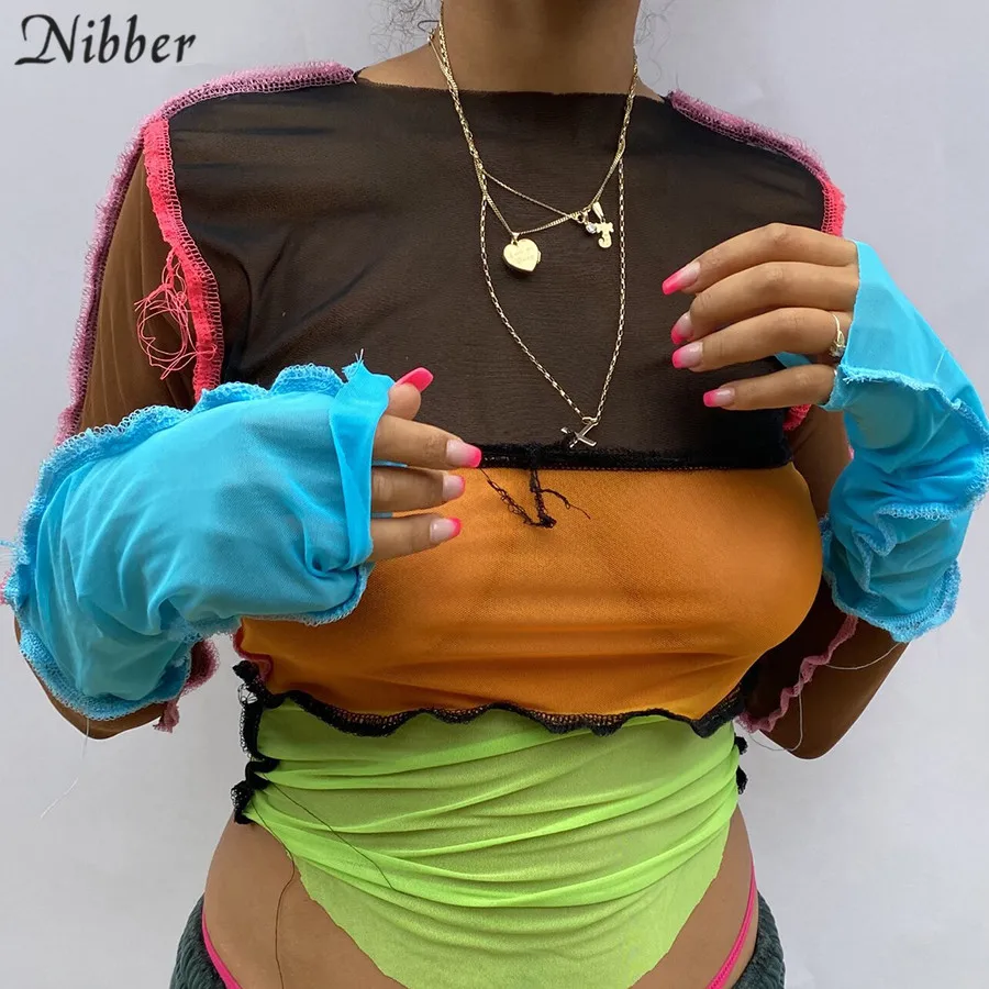 Топ женский Nibber осенний сетчатый с длинным рукавом в стиле панк прозрачный