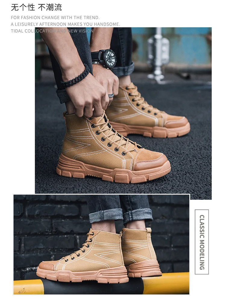 Men's Fashion Denim Canvas Boots Top Quality Men Thick Sole Short Boots Casual Outdoor Male Tooling Shoes Working Boots High Top