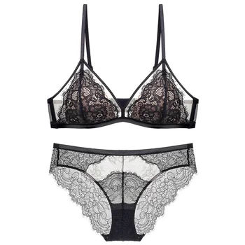 

Underwear Sexy Lace Brassiere Set Thin Triangle Women Lingerie Bra and Panty Transparent Push Up Solid Color Girls Bralette