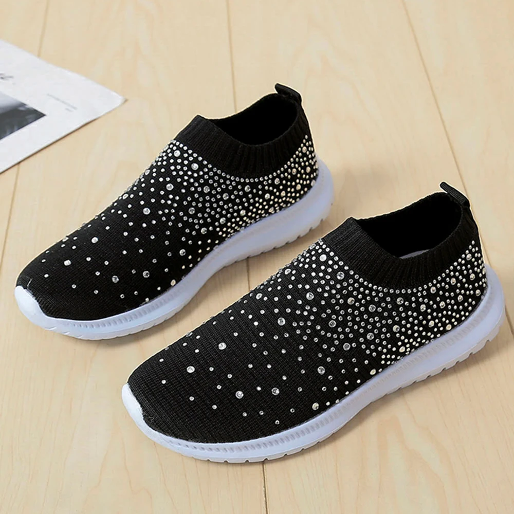 

Slip On Women Casual Sneakers Rhinestone Breathable Sock Shoes 2019 Autumn Ladies Flat Running Shoes New Woman Sneakers D30