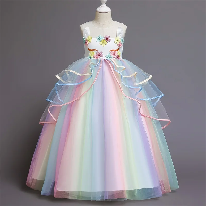Rainbow Unicorn Cosplay Girl Dress Party Elegant Flower Lace Long Tutu Formal Ball Gown Princess Baby Dresses 5 7 8 12 14 Years