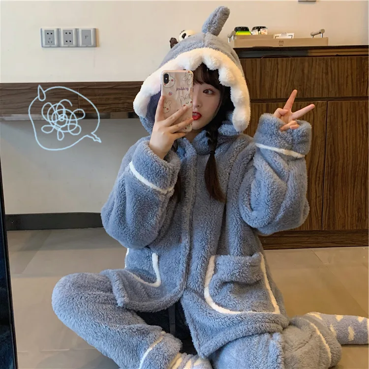 

2020 Autumn and Winter New Products Korean-style Fun Shark Warm Pajamas Cute GIRL'S Plush Cardigan Tracksuit Two-Piece Set
