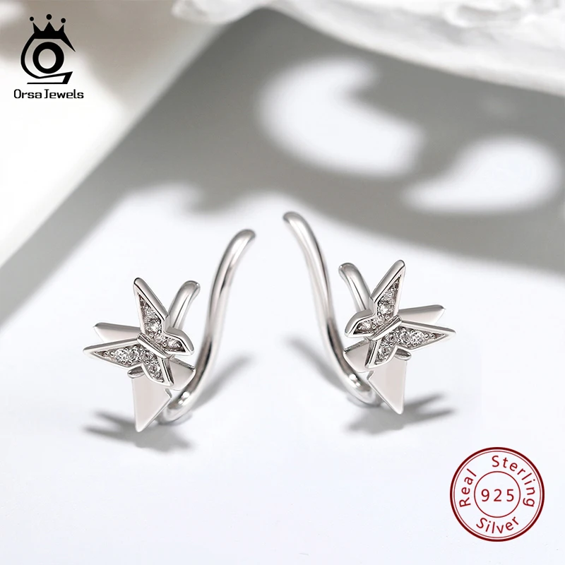 

ORSA JEWELS Pure 925 Butterfly Ear Clip AAAA Clear CZ Sterling Silver Prevent Allergy Earrings Cute Animal Fine Jewelry ASE156